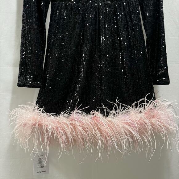 Self Portrait Black Sequin Feather Mini Dress Size 0 | Long Sleeve Party Dress - Picture 3 of 8